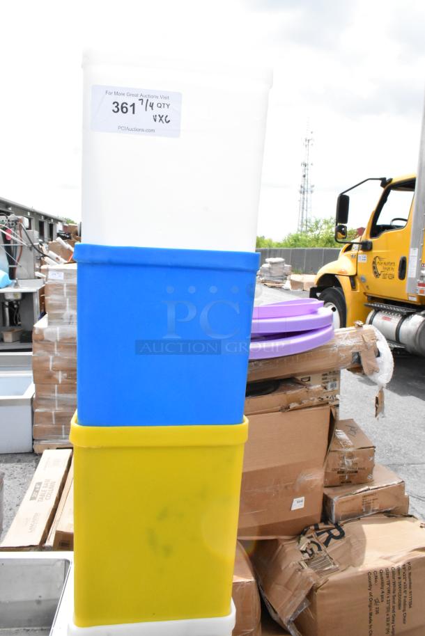 Stack of three plastic bins, white, blue, and yellow. Label reads "361 1/4 QTY VXC, PCIAuctions.com." Good condition.