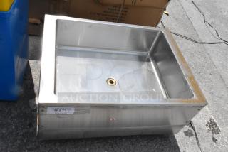 Stainless steel sink, drop-in style, with a drainage hole and visible dents. A label shows "362" and "QTY 1." Suitable for commercial use.