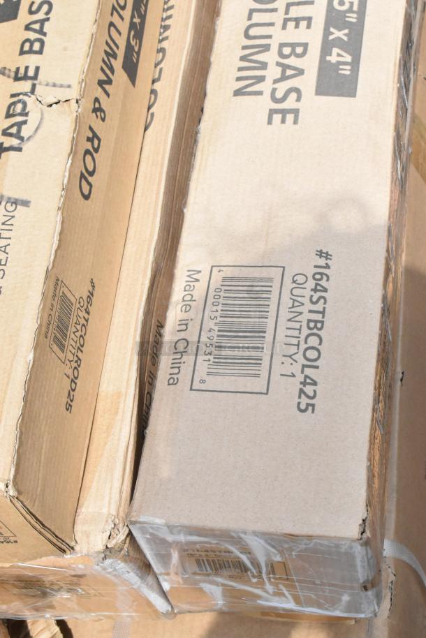 Cardboard box labeled "Table Base Column, #164STBCOL425, Quantity: 1, Made in China," showing barcode and some wear.