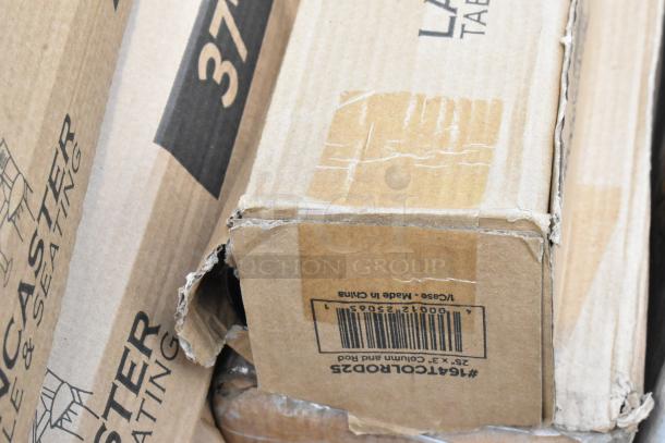 Damaged cardboard box labeled "Lancaster Table & Seating," includes barcode and "Made in China" text, indicating contents and origin.