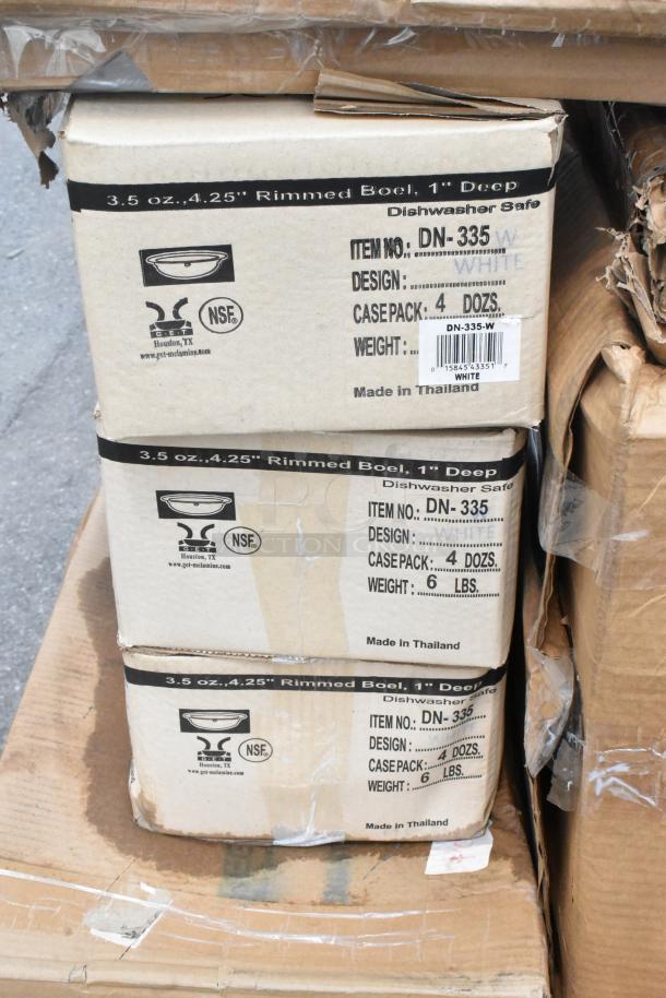 Boxes of 3.5 oz., 4.25" rimmed bowls, 1" deep, dishwasher safe, item DN-335, case pack 4 dozen, made in Thailand.