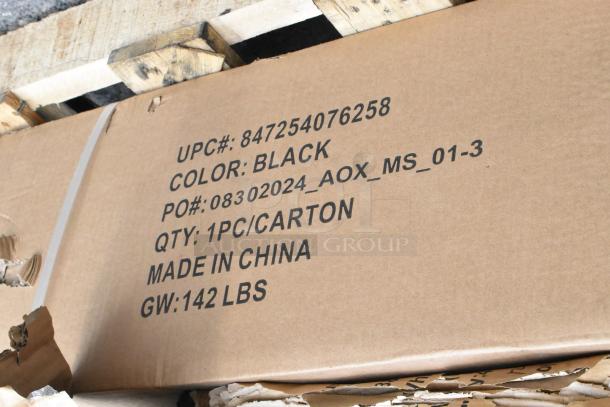 Cardboard box with labels: UPC 847254076258, Color: Black, PO#: 08302024_AOX_MS_01-3, Qty: 1pc/carton, Made in China, GW: 142 lbs.