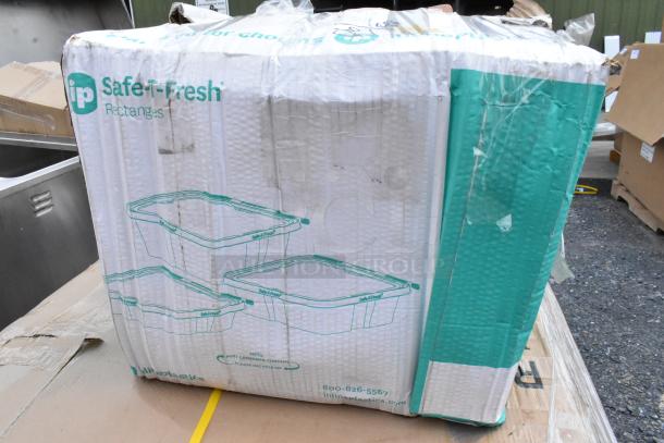 Damaged box of Safe-T-Fresh Rectangles containers. Box shows brand and contact info. Visible wear and tear on packaging.