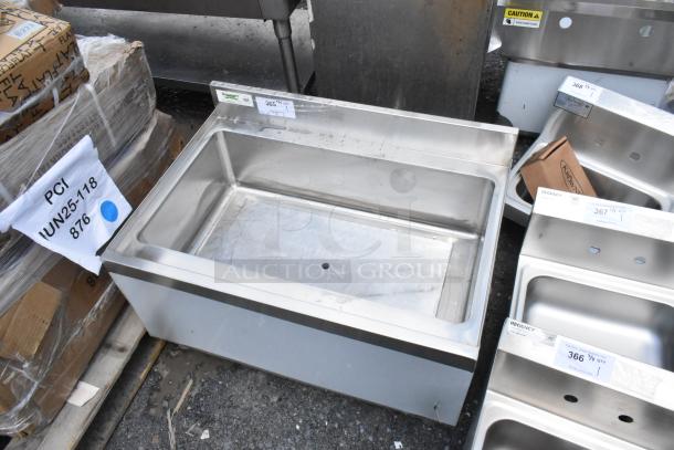 Stainless steel commercial sink, rectangular basin, new condition, visible labels with model number 365.
