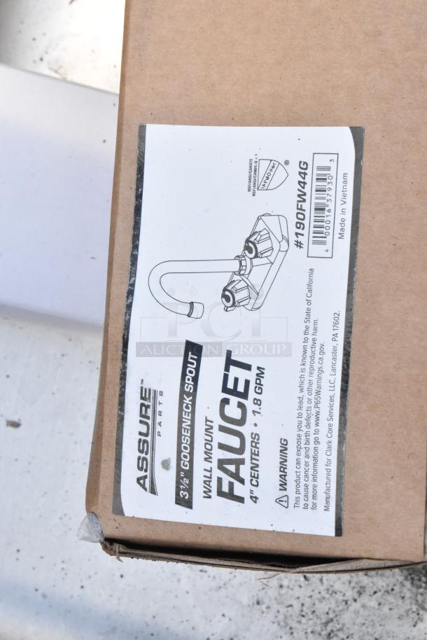 Assure wall mount faucet, 3.5" gooseneck spout, 4" centers, 1.8 GPM, new in box with product label. Model #190FW44G.