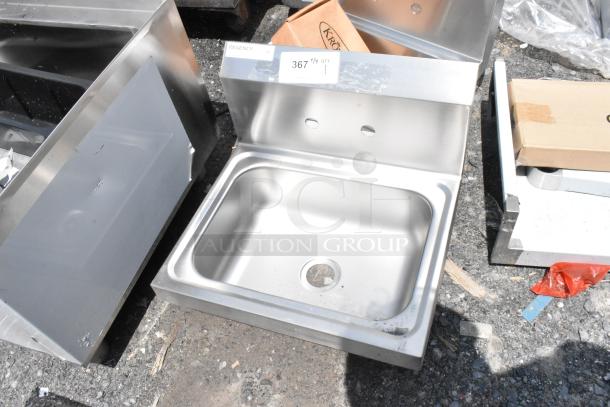 Stainless steel commercial sink with backsplash, Regency brand, new condition. Labels show model 367, ideal for kitchen use.