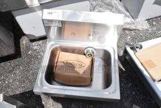 Krowne stainless steel handwashing sink, new, with drain assembly. Tag indicates quantity 368 1/4.