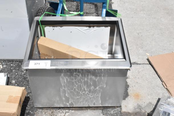 Stainless steel drop-in cooler with glass cover, auction tag 371, new condition, includes packaging materials.