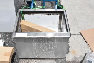 Stainless steel drop-in cooler with glass cover, auction tag 371, new condition, includes packaging materials.