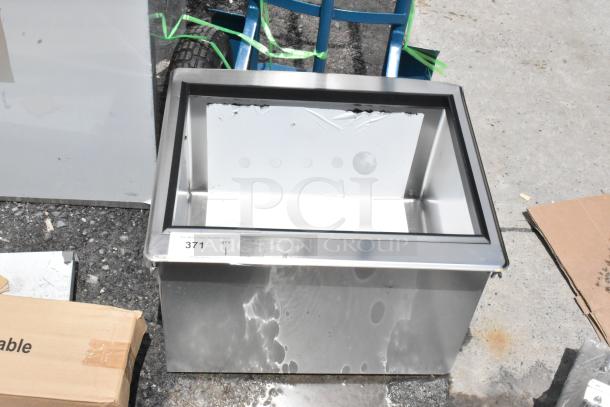 Stainless steel bin with label "371" in excellent condition, ideal for storage or industrial use.