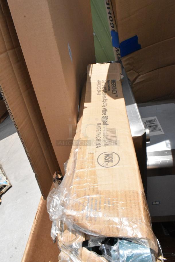 Regency 24" x 36" green epoxy wire shelf in packaging, NSF certified, visible wear on box. Made in China.