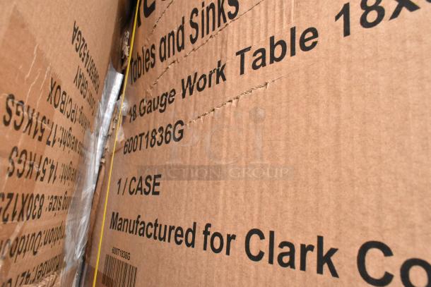 Cardboard box labeled "18 Gauge Work Table 600T1836G," indicating product type and model number.