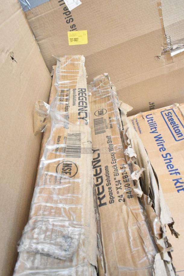 Regency 24"x54" black epoxy wire shelf kit in damaged boxes. NSF certified. Some labels visible, box condition poor.
