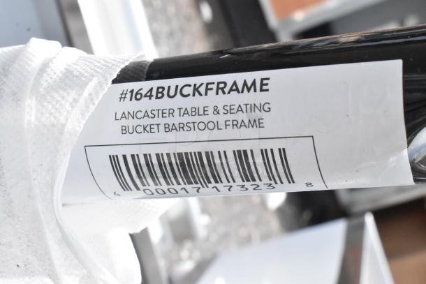 Lancaster Table & Seating bucket barstool frame, model #164BUCKFRAME, new condition with barcode label visible.