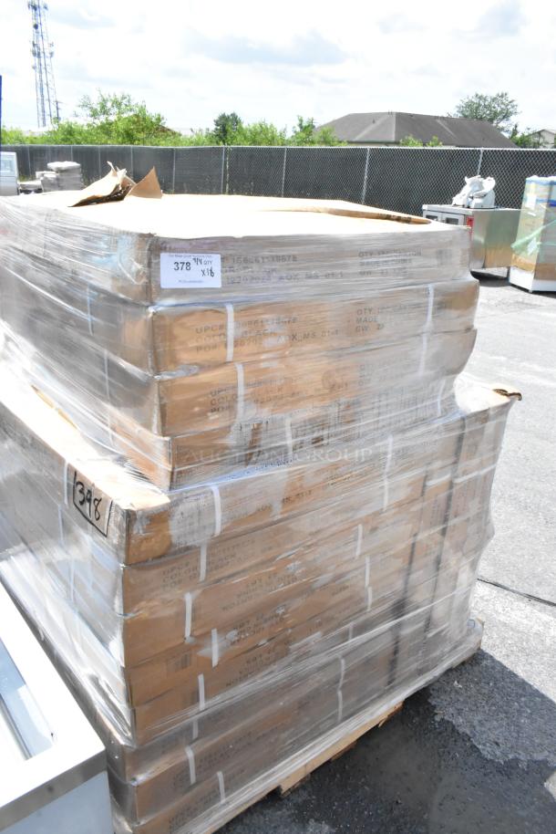 Pallet of boxed items wrapped in plastic, labeled "378 qty x16," indicating quantity and size. Boxes appear unused.