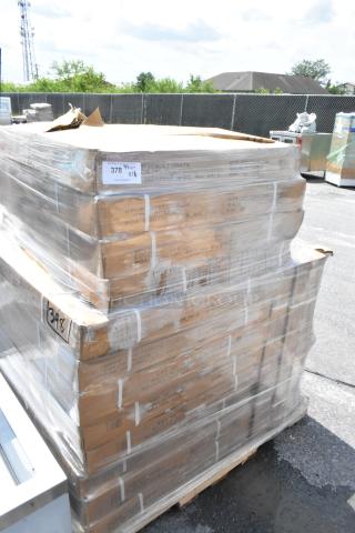 Pallet of boxed items wrapped in plastic, labeled "378 qty x16," indicating quantity and size. Boxes appear unused.