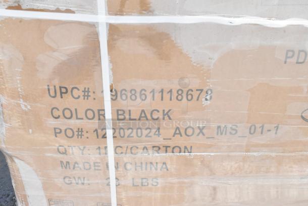 Cardboard box labeled with UPC# 96861118678, color black, PO# 12202024_AOX_MS_01-1. Contains 10 pieces, made in China, weight 28 lbs.