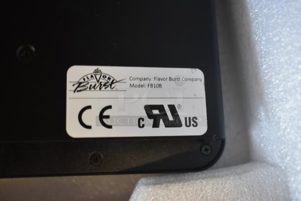 Flavor Burst Company device, Model FB108. Features CE and UL US markings, indicating compliance and safety.