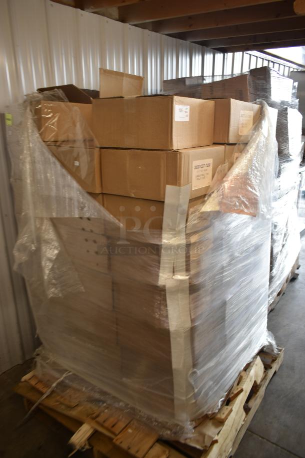Pallet with multiple boxes wrapped in plastic. Labels marked "30010COT-7509" indicate content details.