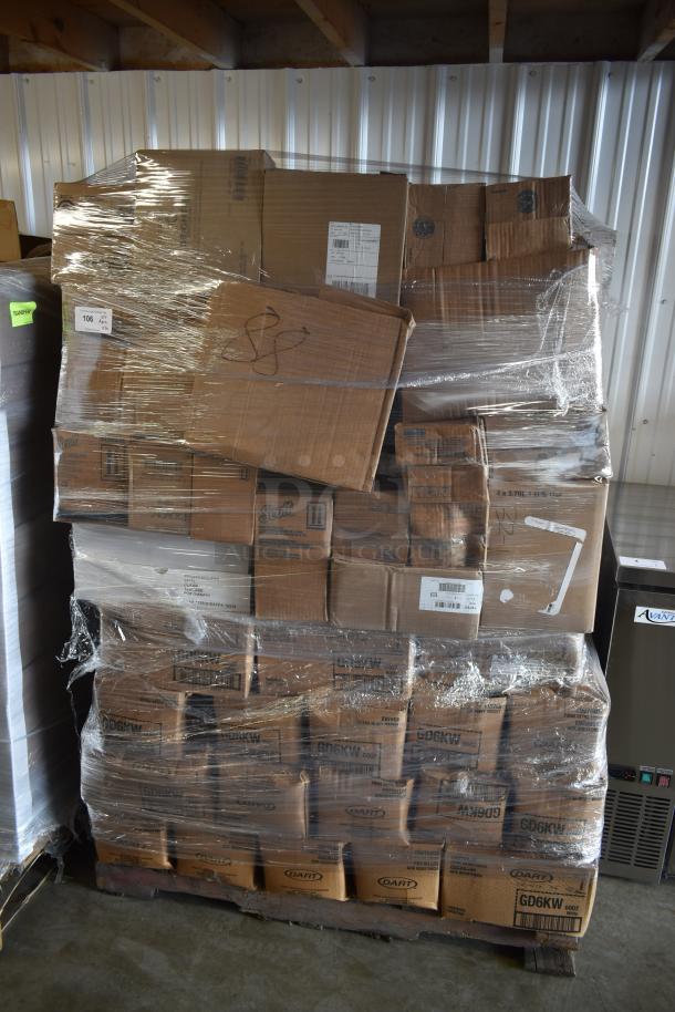 Pallet of assorted cardboard boxes wrapped in plastic, some labeled "Dart" and "Scott." Various size and condition, ideal for bulk purchase.
