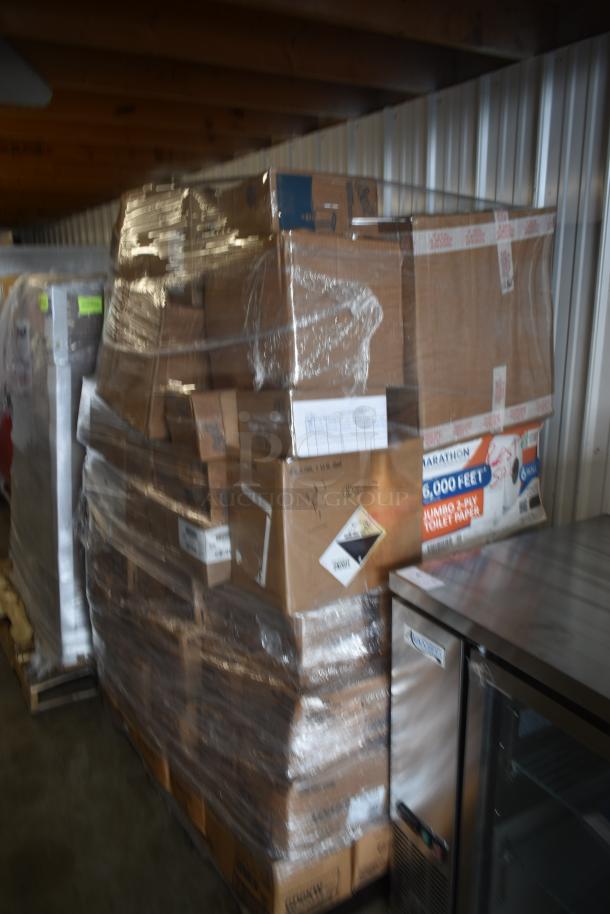 Stack of cardboard boxes wrapped in plastic on a pallet, containing various items including Marathon toilet paper. Labels visible.