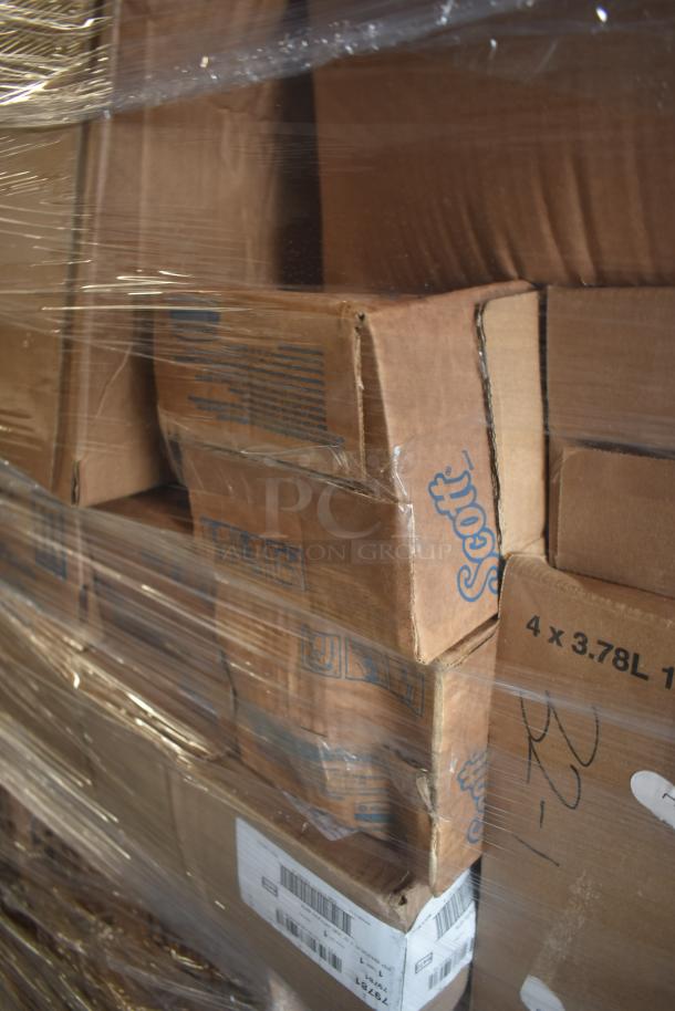 Pallet of Scott branded boxes wrapped in plastic; labeled 4 x 3.78L. Visible barcodes indicate inventory details.