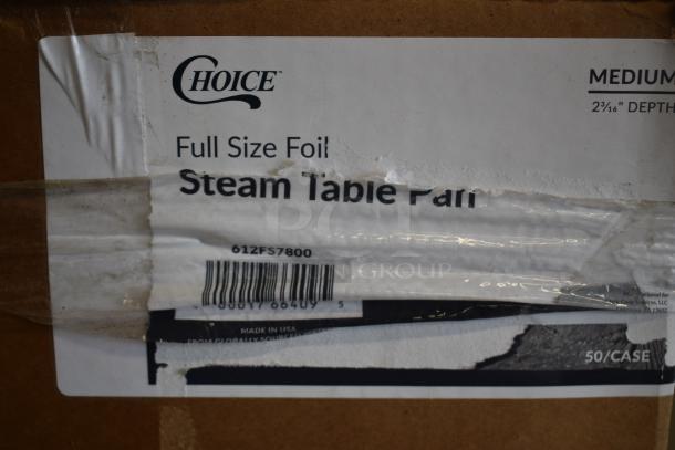 Choice full-size foil steam table pan box, medium depth 2 3/16", containing 50 pans per case, label slightly torn.
