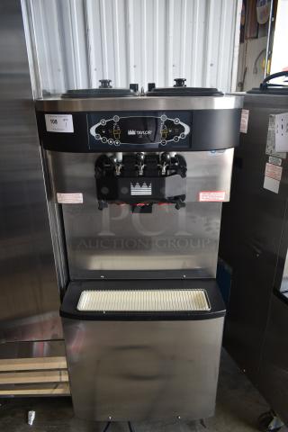 Taylor C713-33 Stainless Steel Commercial Floor Style Air Cooled 2 Flavor w/ Twist Soft Serve Ice Cream Machine on Commercial Casters. 208-230 Volts, 3 Phase. - Item #1192045