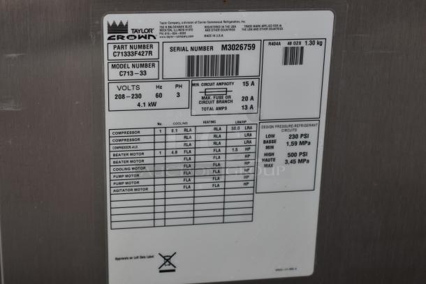 Label on a Taylor Crown machine showing part number C71333F427R, model C713-33, voltage 208-230V, serial M3026759.