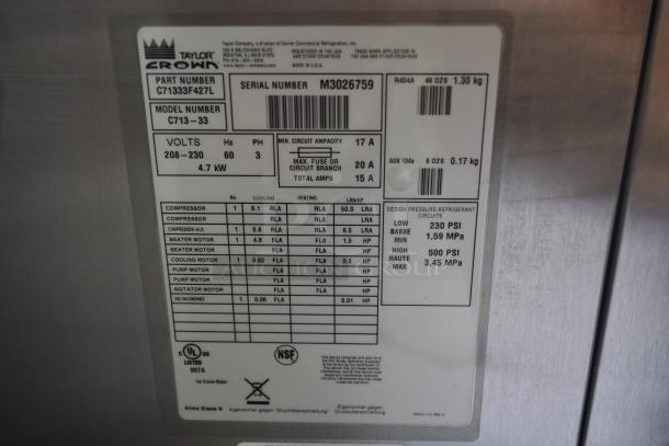 Label on Taylor Crown ice cream maker model C713-33, serial M3026759. Specs: 208-230V, 4.7kW, 17A, R404A refrigerant.