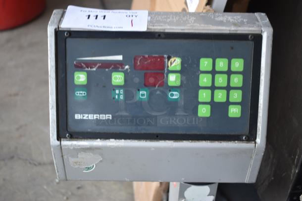 Bizerba industrial scale control panel with keypad, moderate wear; auction tag "111" visible, indicating auction lot number.