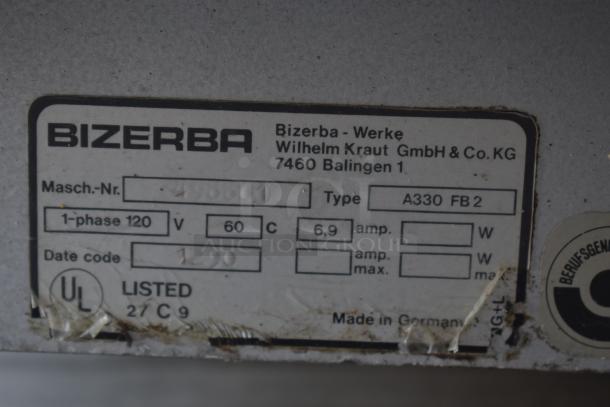 Bizerba label indicating model A330 FB 2, 1-phase 120V, 60Hz, 6.9A. UL listed, made in Germany. Date code 1290.