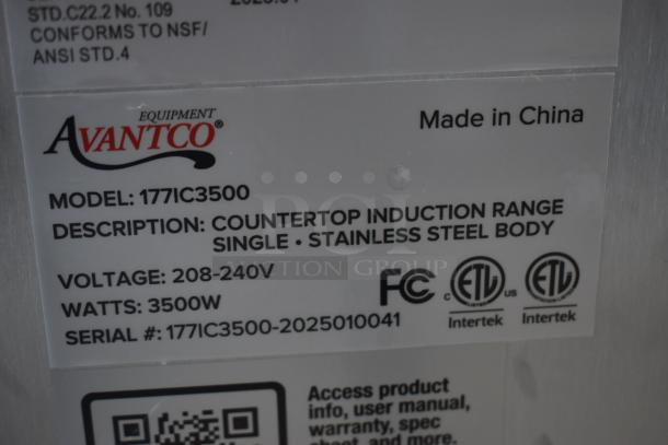 Avantco countertop induction range, model 177IC3500. Stainless steel body, 3500W, 208-240V. Serial #177IC3500-2025010041.