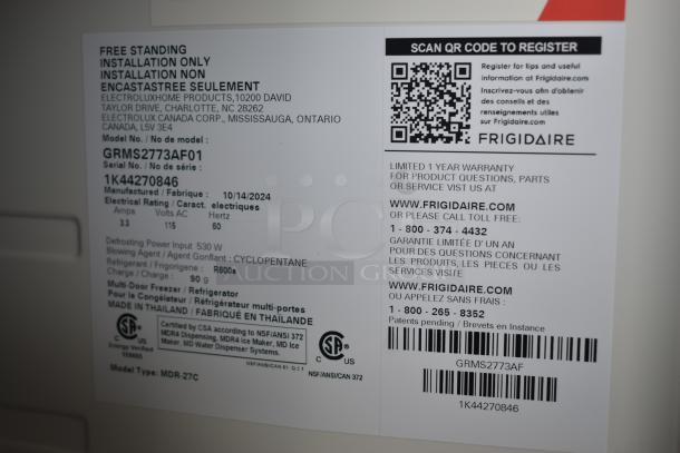 Frigidaire appliance label with model GRMS2773AF01, serial 1K44270846, electrical rating, refrigerant type, and warranty info.
