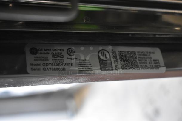 GE Dishwasher model GDT650SYV2FS, serial GA766800B, assembled in USA, UL certified, energy verified.