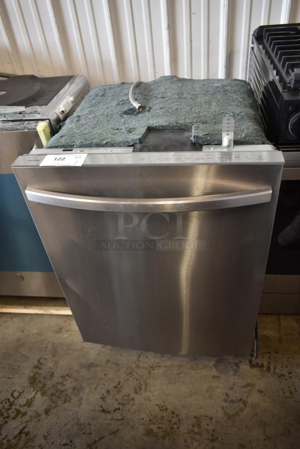 Stainless steel Samsung dishwasher, lightly used, with concealed controls. Auction tag 122 visible.