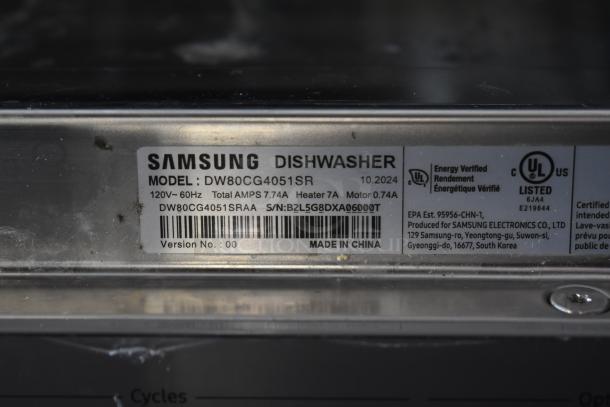 Samsung dishwasher model DW80CG4051SR label, showing 120V, 60Hz, total amps 7.74A, serial number, UL listed.