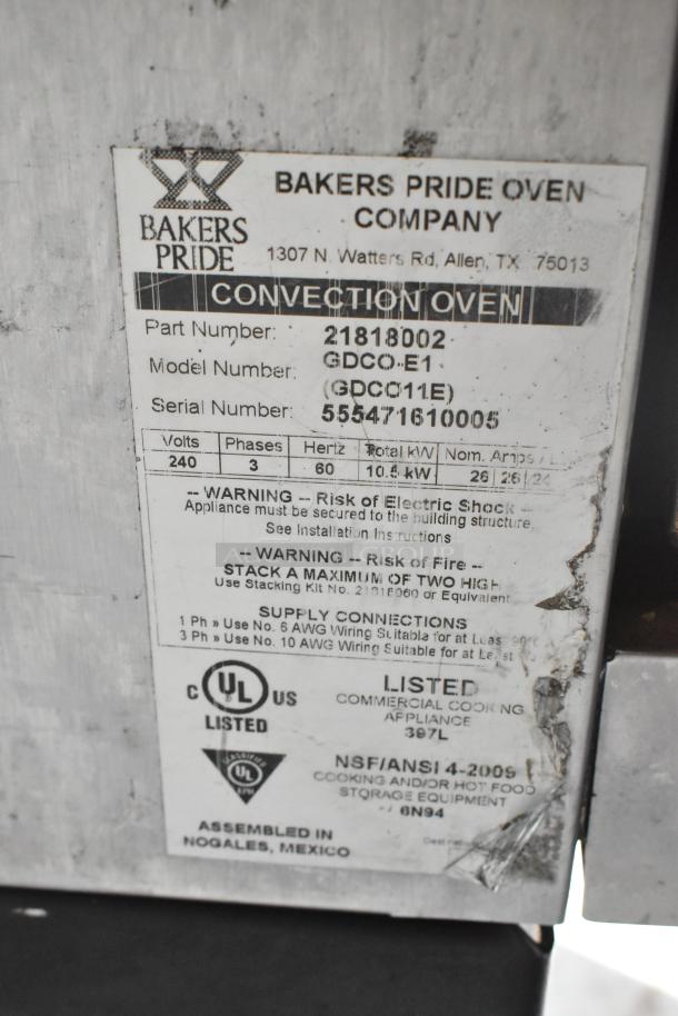 Bakers Pride Cyclone Stainless Steel Commercial Full Size Convection Oven w/ View Through Doors, Metal Oven Racks and Thermostatic Controls on Metal Legs. 208/240 Volts. - Image 15 of 15