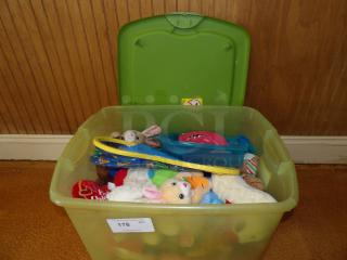 Green storage bin filled with assorted plush toys, hula hoops, and a blue container. Label reads "178 qty." Good condition.