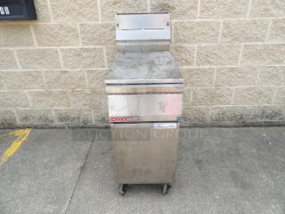 Cecilware stainless steel commercial fryer on wheels, visible wear and markings. Model number tag partially visible.