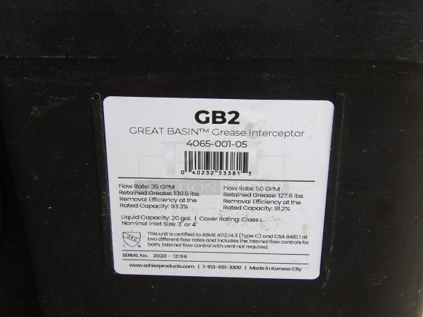 Great Basin grease interceptor, model 4065-001-05, flow rate 35-50 GPM, retains 127.6-130.5 lbs grease, 20 gal capacity.