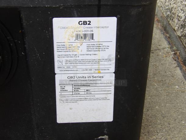GB2 Great Basin Grease Interceptor; 50 GPM flow, 20 gal capacity, 3" or 4" inlet size; serial 2020-12196, minor wear.