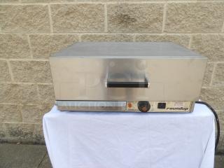 Roundup commercial stainless steel toaster, model IDF-161B, with thermostat and power controls, in good condition.
