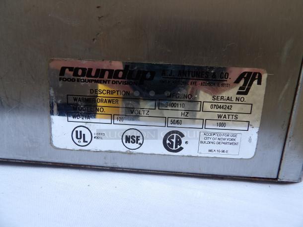 Roundup warmer drawer, model WD-21A by A.J. Antunes & Co., 120 volts, 1000 watts, serial 07044242, UL and NSF listed.