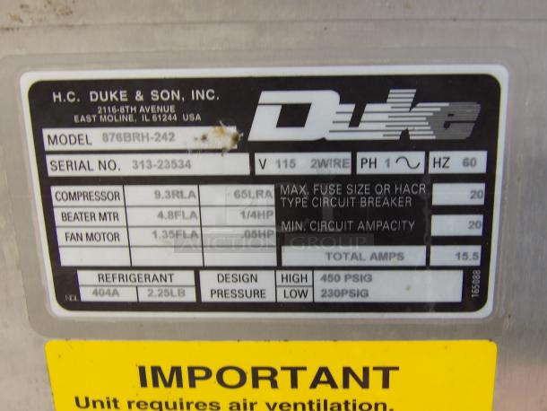 H.C. Duke & Son model 876BRH-242 label. Serial: 313-23534. Key features include compressor, beater motor, fan motor.
