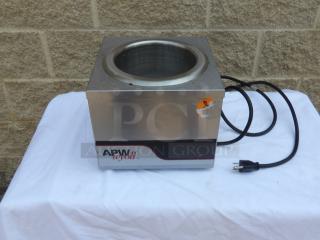 APW Wyott countertop soup warmer, stainless steel, plug-in, used condition, visible wear, partially removed sticker.