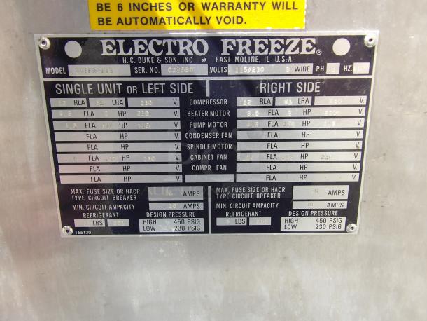 Electro Freeze label for model 30TFR-113. Details voltage, amperage, refrigerant type, and compressor specs.
