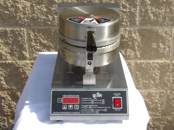 Star commercial waffle maker, stainless steel, digital temperature controls, power switch, model SWB7, in good condition.