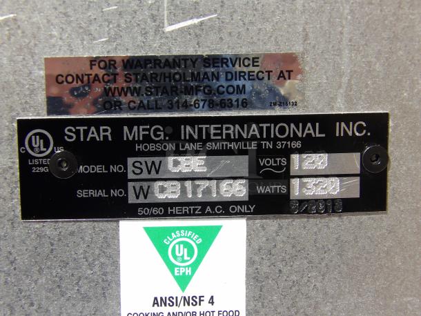 Star Mfg. International Inc. metal label showing model SW and CB1, volts 120, watts 1320, serial CB17166.