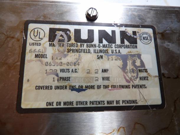 Bunn-O-Matic Corporation label, model 666L, UL and NSF listed, showing voltage and watt details, worn condition.